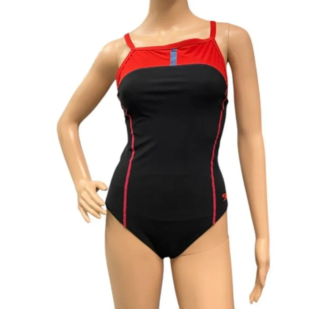 SPEEDO Women's Black/Red PowerPlus Drill Back One-Piece Bathing Swimsuit 10/36